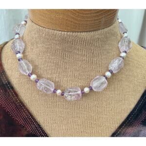 Gemstone beads statement chunky necklace light purple amethyst pearl 925 silver